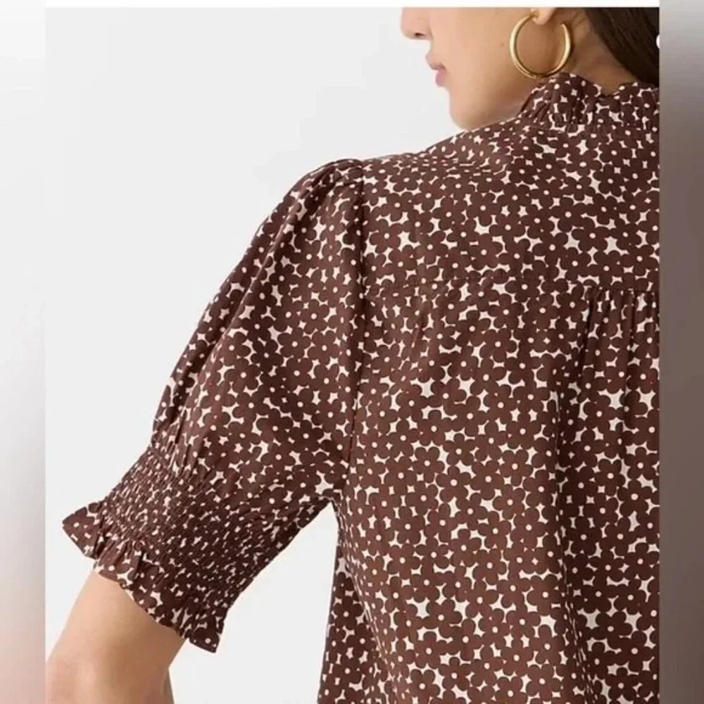 J Crew Smocked cotton poplin puff-sleeve top in mocha floral